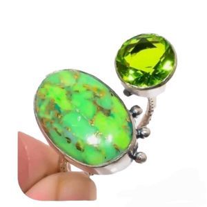 Copper Mohave Green Turquoise & Peridot Adjustable Sterling Silver Ring 7.25
